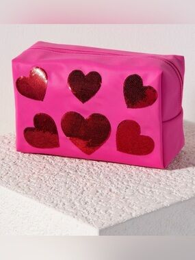 Shiraleah Cara Sequin Hearts Zip Pouch, Pink NWT